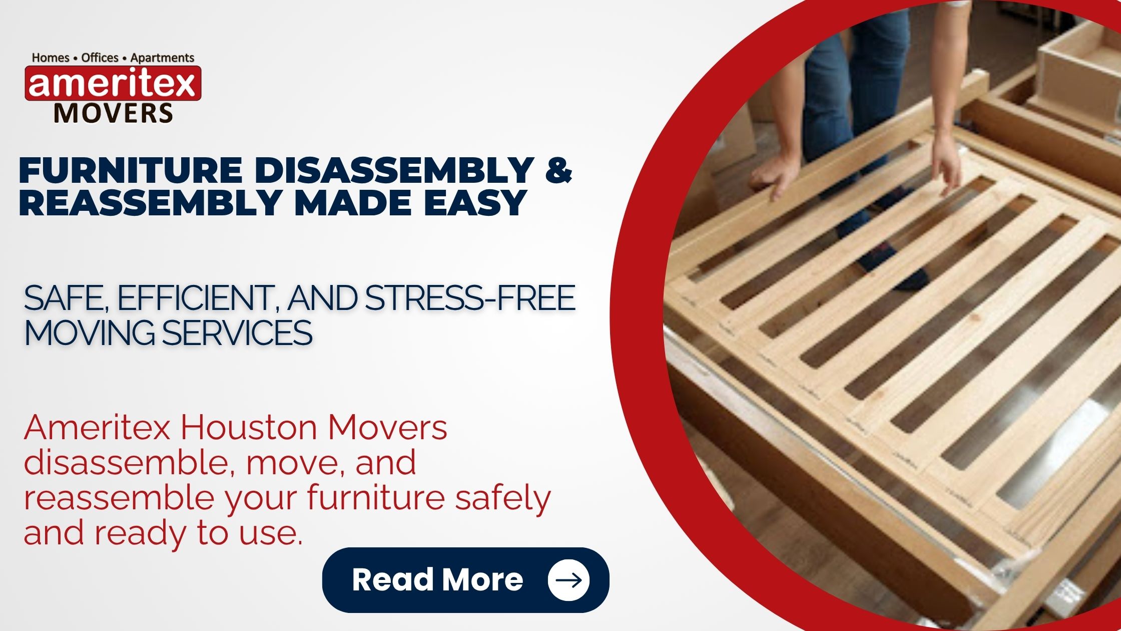 Movers disassembling a wooden bed frame as part of a relocation service.