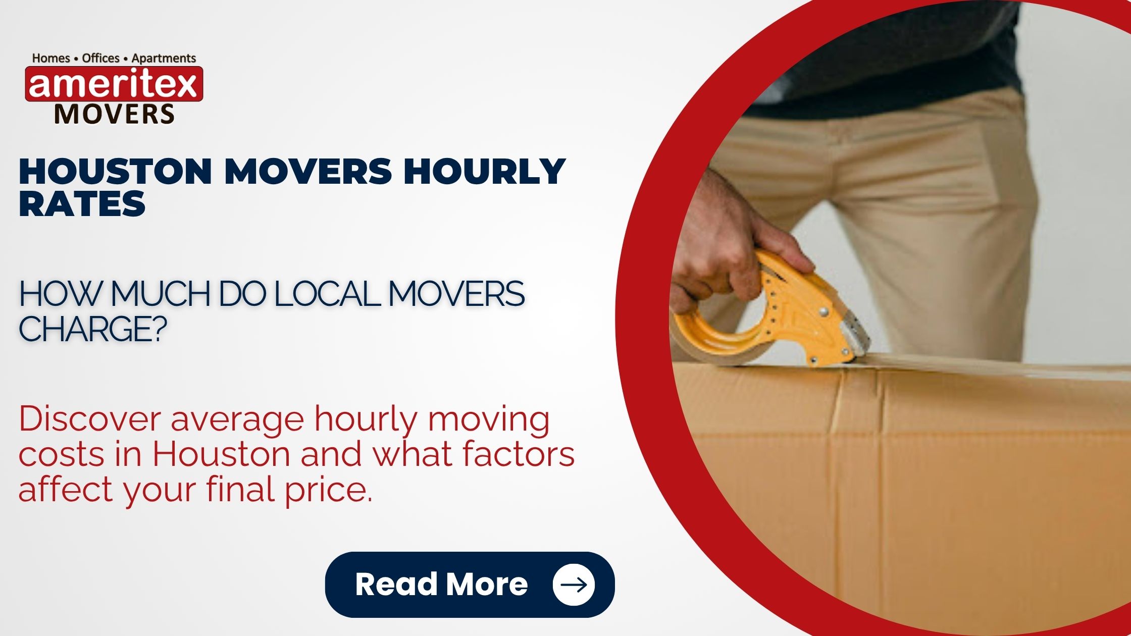 Professional Houston mover sealing a box while explaining hourly moving costs for local relocation services.