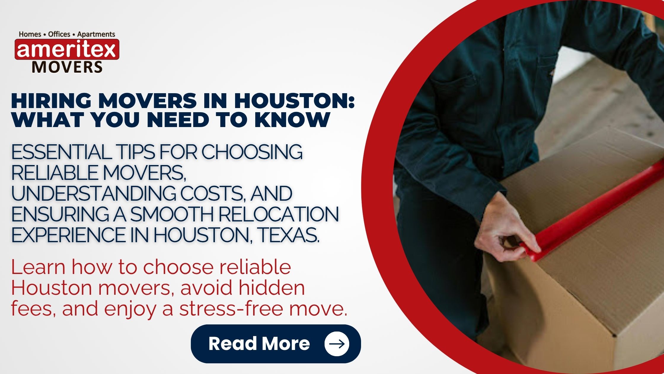 Professional mover sealing a cardboard moving box inside a home before relocation in Houston Texas.