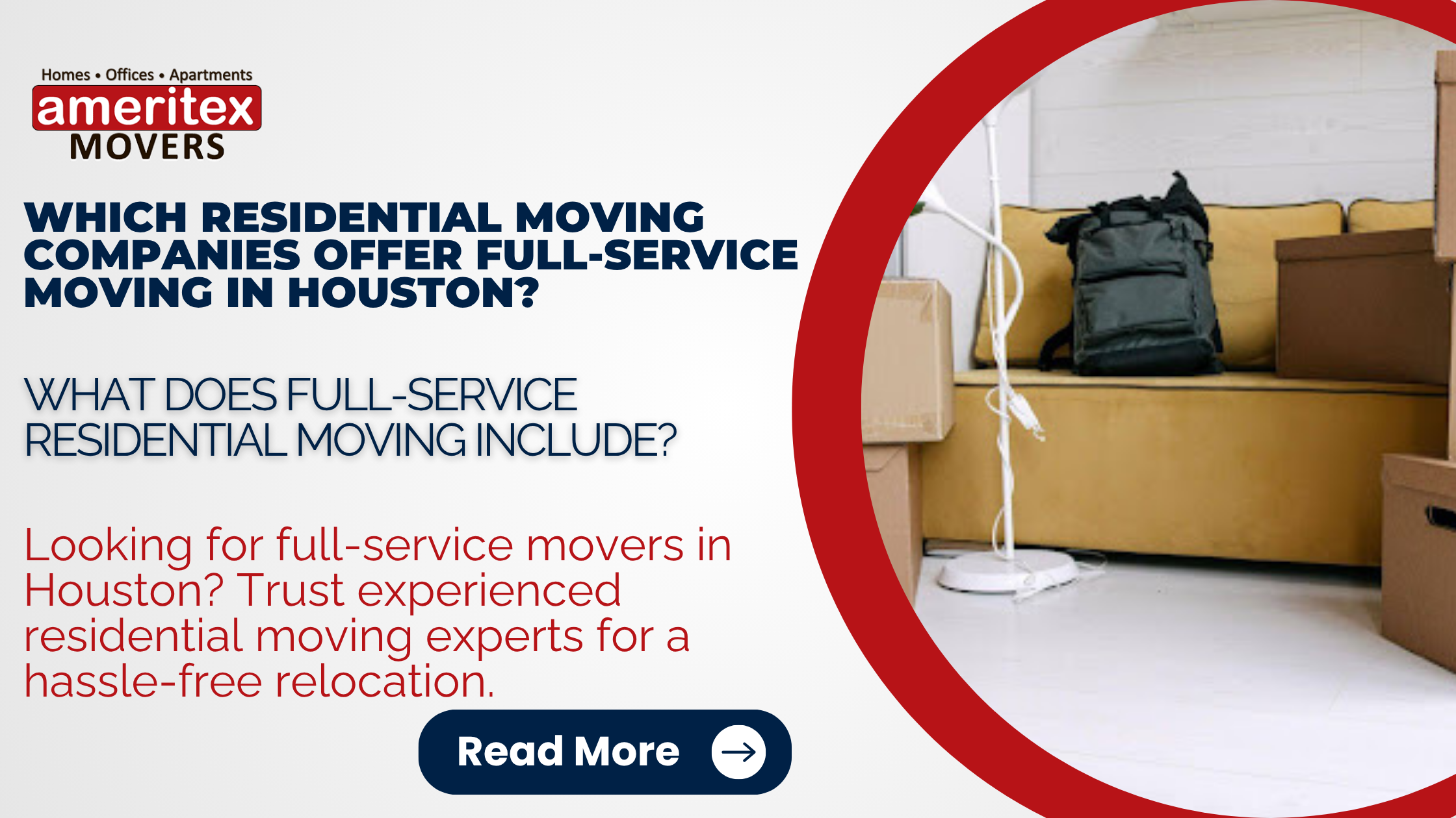 Cardboard moving boxes stacked in a living room during a full-service residential move in Houston.